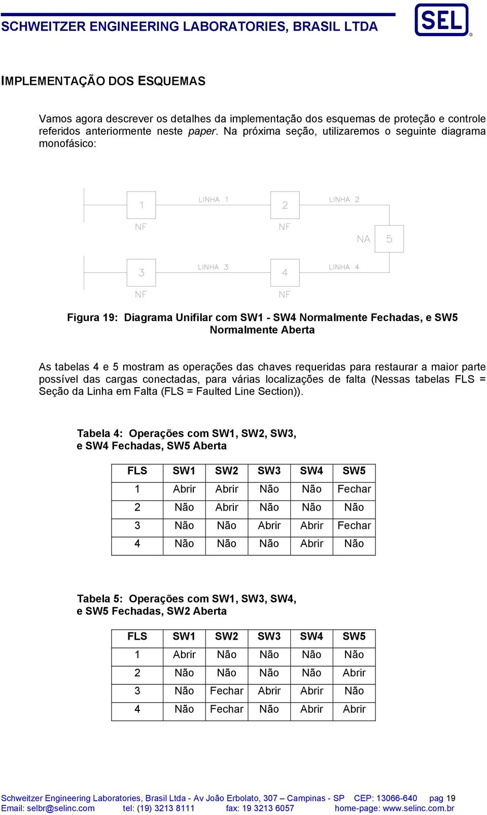 chaves requeridas para restaurar a maior parte possível das cargas conectadas, para várias localizações de falta (Nessas tabelas FLS = Seção da Linha em Falta (FLS = Faulted Line Section)).