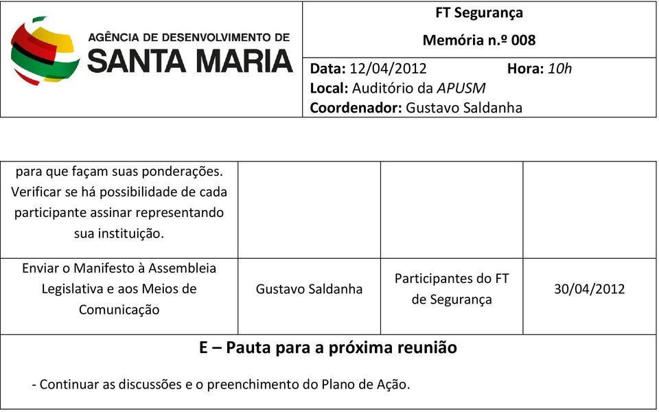 ponderações. Verificar se há possibilidade de cada participante assinar representando sua instituição.