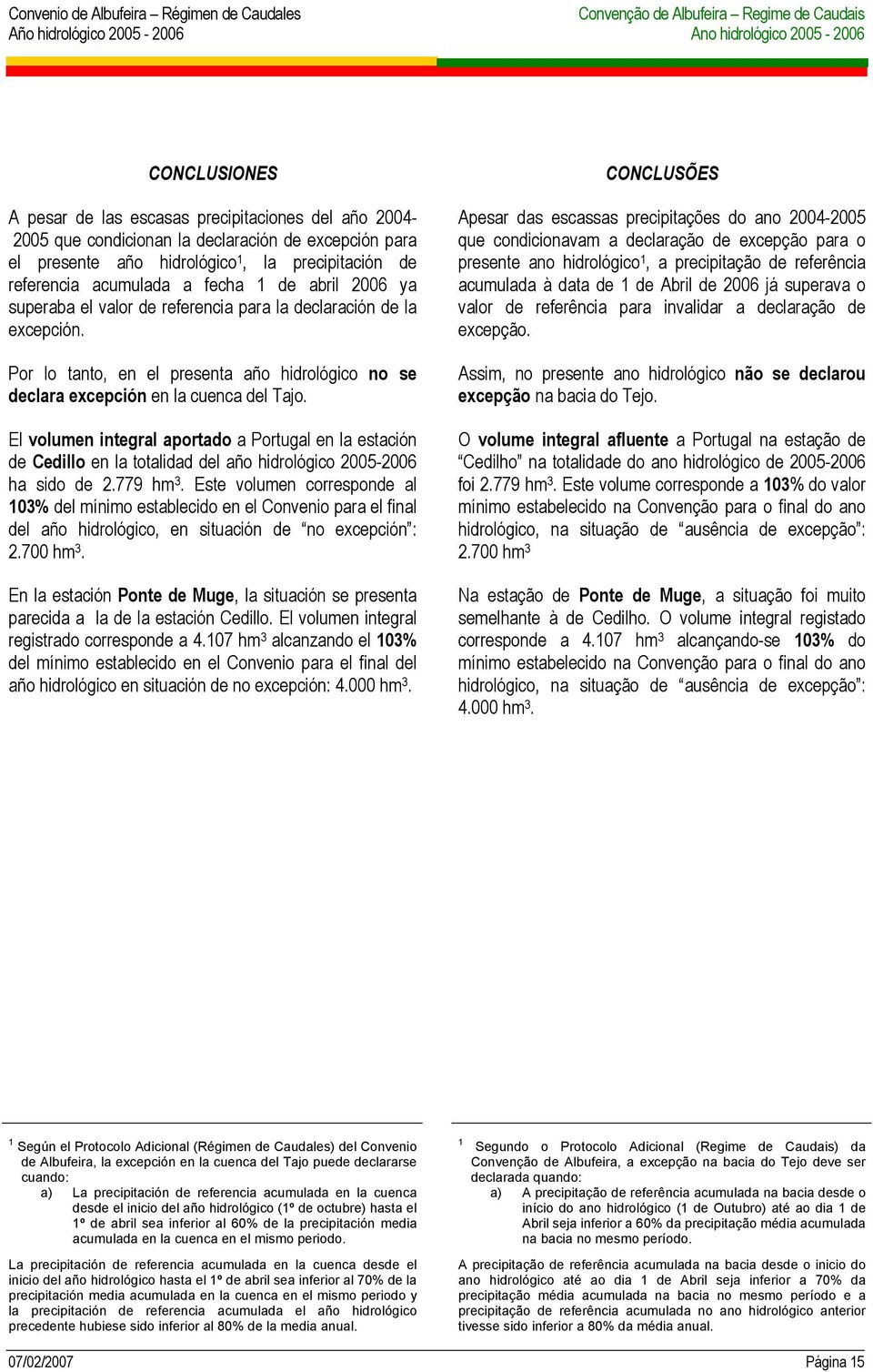 El volumen integral aportado a Portugal en la estación de Cedillo en la totalidad del año hidrológico 2005-2006 ha sido de 2.779 hm 3.