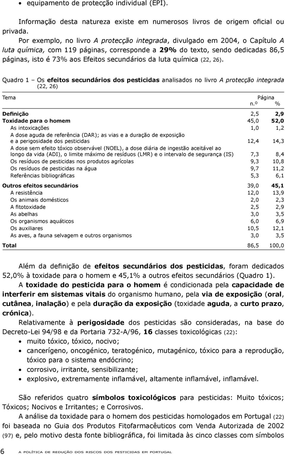 secundários da luta química (22, 26). Quadro 1 Os efeitos secundários dos pesticidas analisados no livro A protecção integrada (22, 26) Tema Página n.