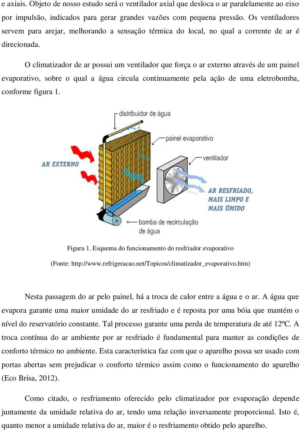 O climatizador de ar possui um ventilador que força o ar externo através de um painel evaporativo, sobre o qual a água circula continuamente pela ação de uma eletrobomba, conforme figura 1. Figura 1.