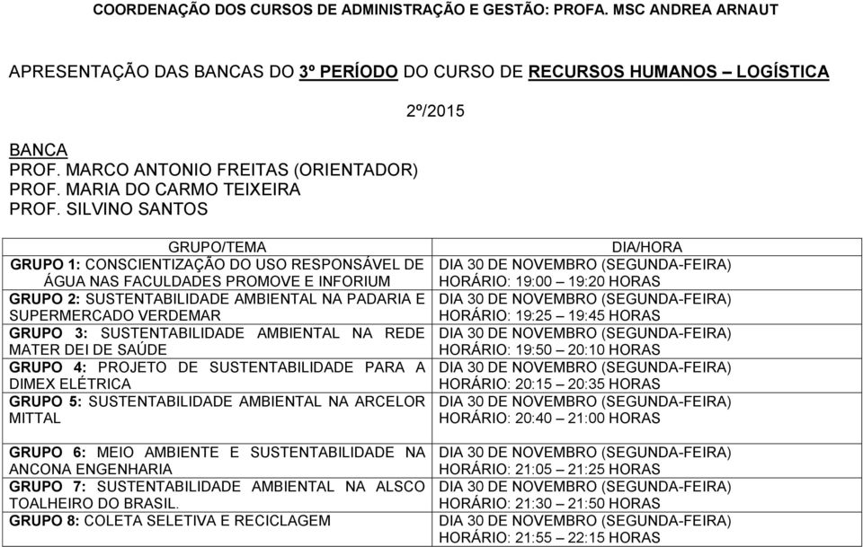 SUSTENTABILIDADE AMBIENTAL NA REDE MATER DEI DE SAÚDE GRUPO 4: PROJETO DE SUSTENTABILIDADE PARA A DIMEX ELÉTRICA GRUPO 5: SUSTENTABILIDADE AMBIENTAL NA ARCELOR MITTAL GRUPO 6: MEIO