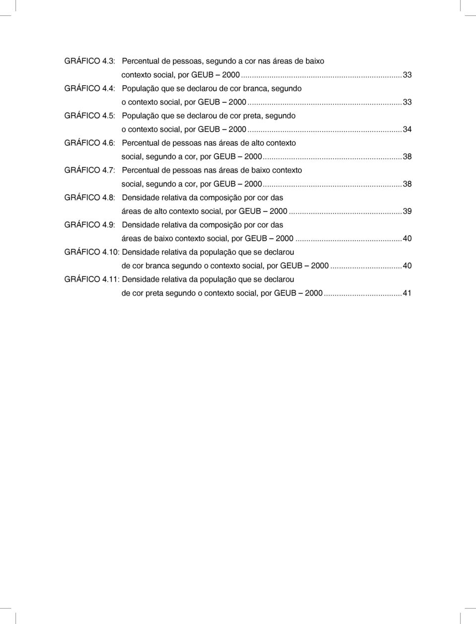 social, segundo a cor, por GEUB 2000...38 GRÁFICO 4.7: Percentual de pessoas nas áreas de baixo contexto. social, segundo a cor, por GEUB 2000...38 GRÁFICO 4.8: Densidade relativa da composição por cor das.