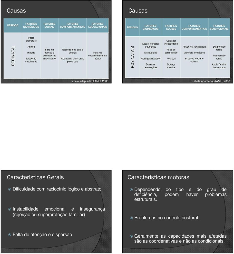 Características motoras Dependendo do tipo e do grau de deficiência, podem haver problemas estruturais.