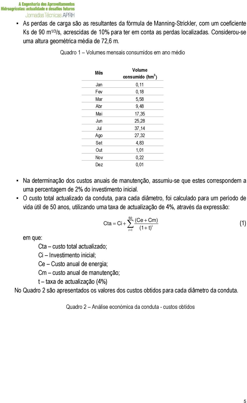 Quadro 1 Volumes mensais consumidos em ano médio Mês Volume consumido (hm 3 ) Jan 0,11 Fev 0,18 Mar 5,58 Abr 9,48 Mai 17,35 Jun 25,28 Jul 37,14 Ago 27,32 Set 4,83 Out 1,01 Nov 0,22 Dez 0,01 Na