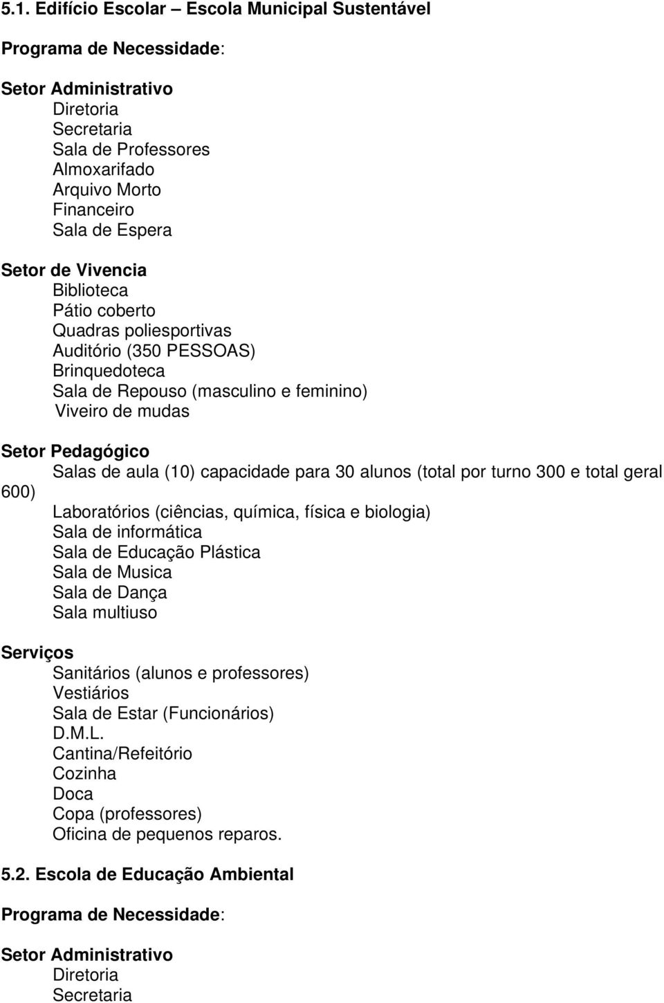 para 30 alunos (total por turno 300 e total geral 600) Laboratórios (ciências, química, física e biologia) Sala de informática Sala de Educação Plástica Sala de Musica Sala de Dança Sala multiuso