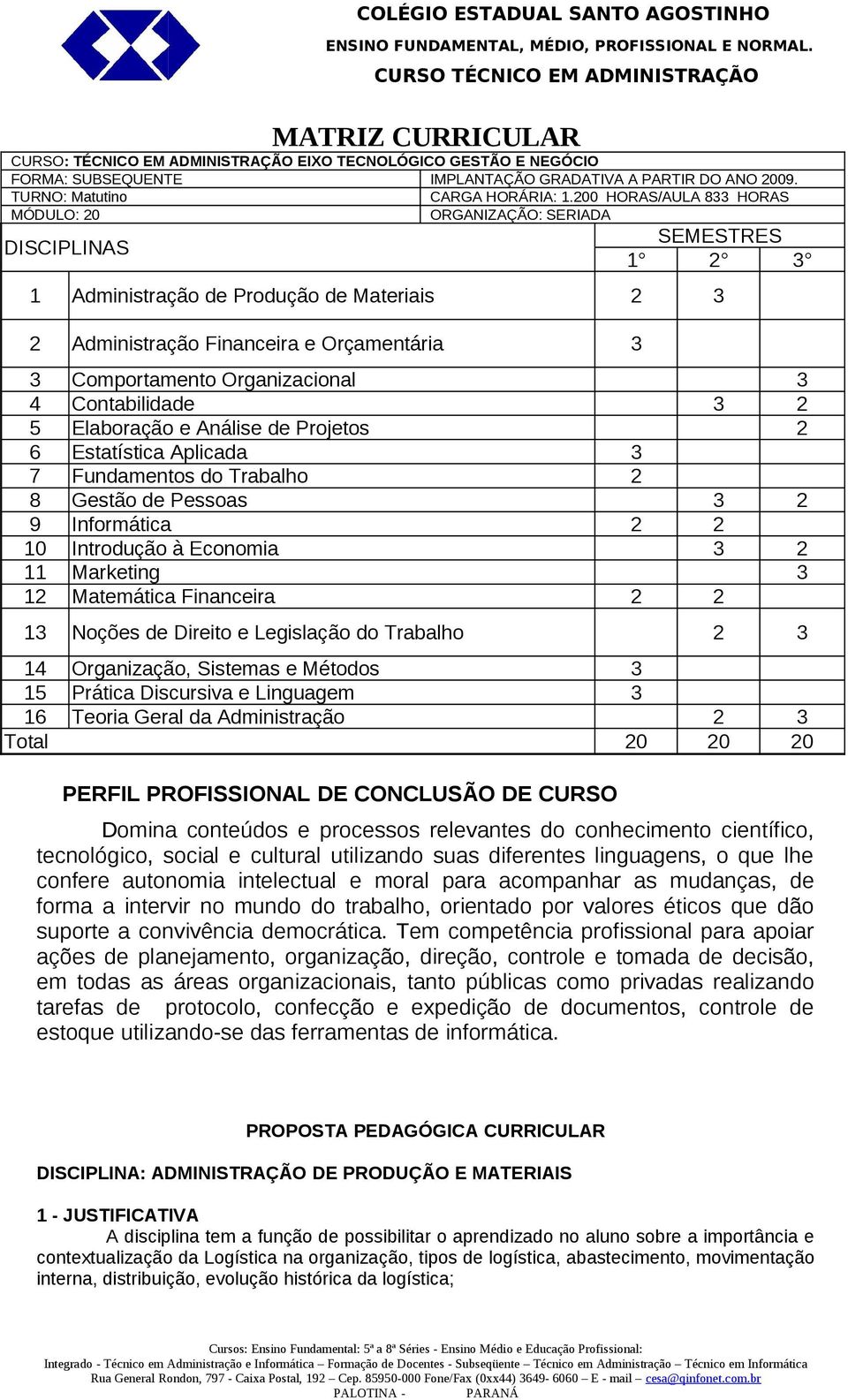 Organizacional 3 4 Contabilidade 3 2 5 Elaboração e Análise de Projetos 2 6 Estatística Aplicada 3 7 Fundamentos do Trabalho 2 8 Gestão de Pessoas 3 2 9 Informática 2 2 10 Introdução à Economia 3 2