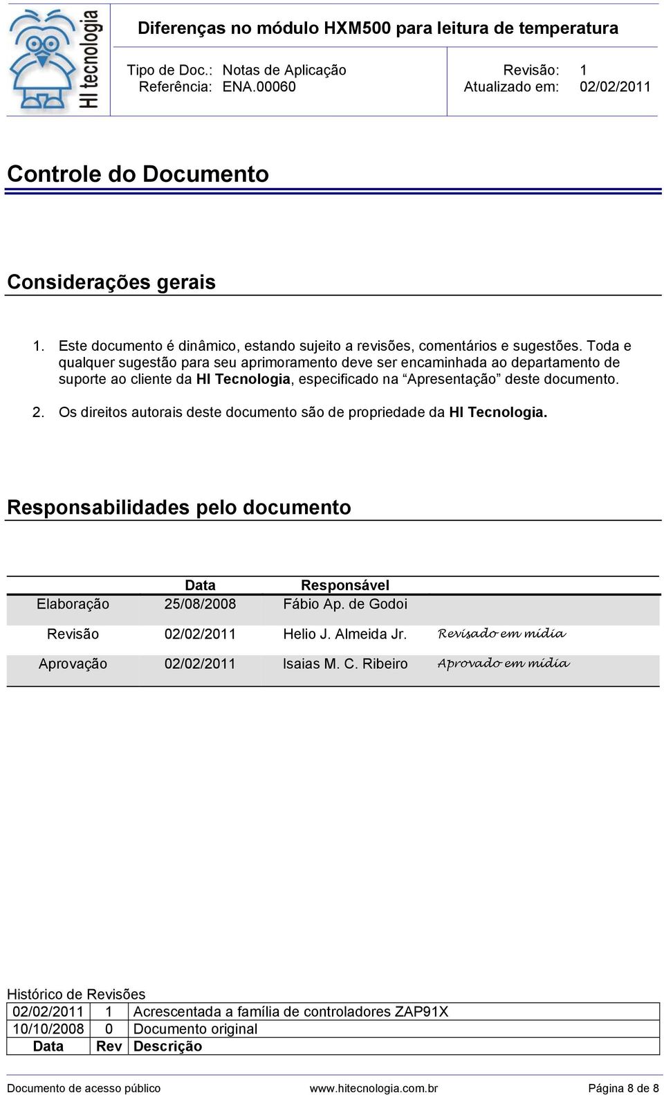 Os direitos autorais deste documento são de propriedade da HI Tecnologia. Responsabilidades pelo documento Data Responsável Elaboração 25/08/2008 Fábio Ap. de Godoi Revisão 02/02/2011 Helio J.