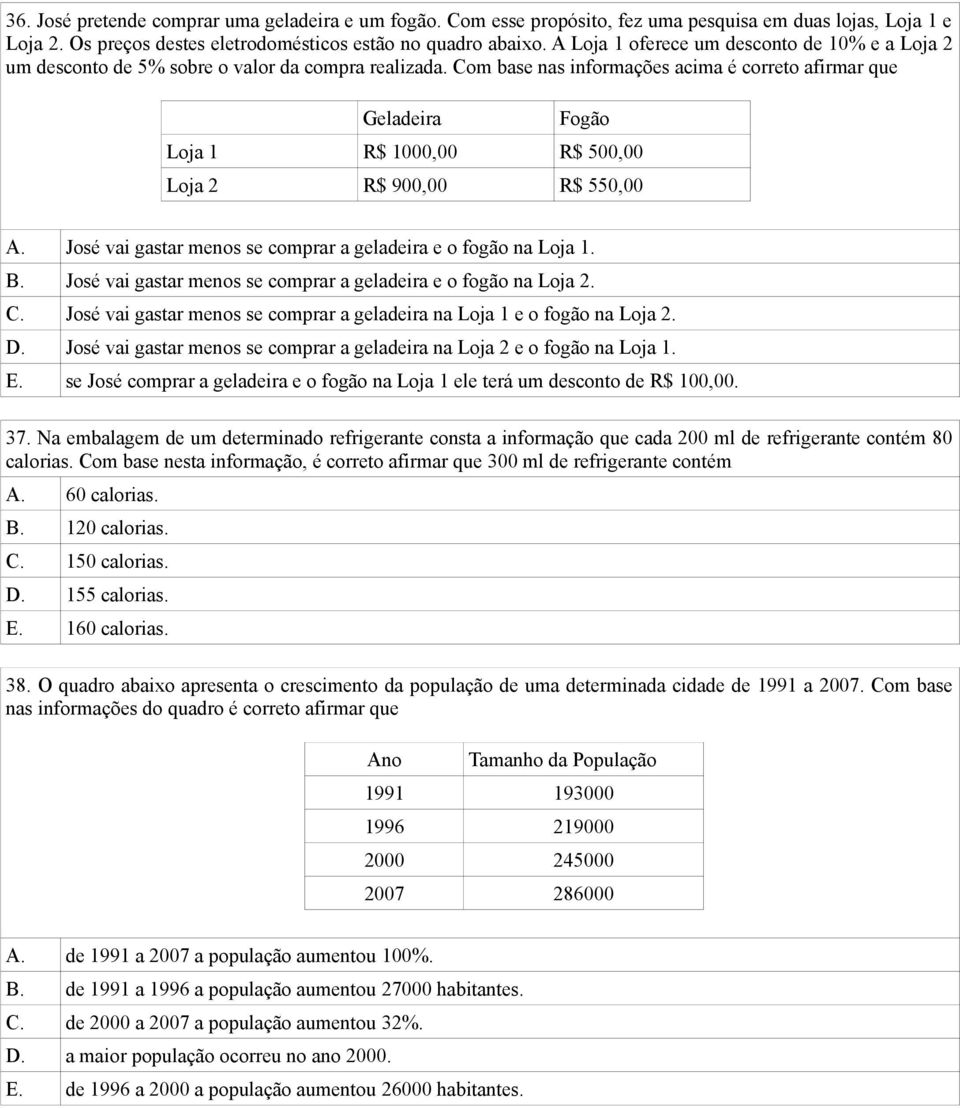 Com base nas informações acima é correto afirmar que Geladeira Fogão Loja 1 R$ 1000,00 R$ 500,00 Loja 2 R$ 900,00 R$ 550,00 A. José vai gastar menos se comprar a geladeira e o fogão na Loja 1. B.