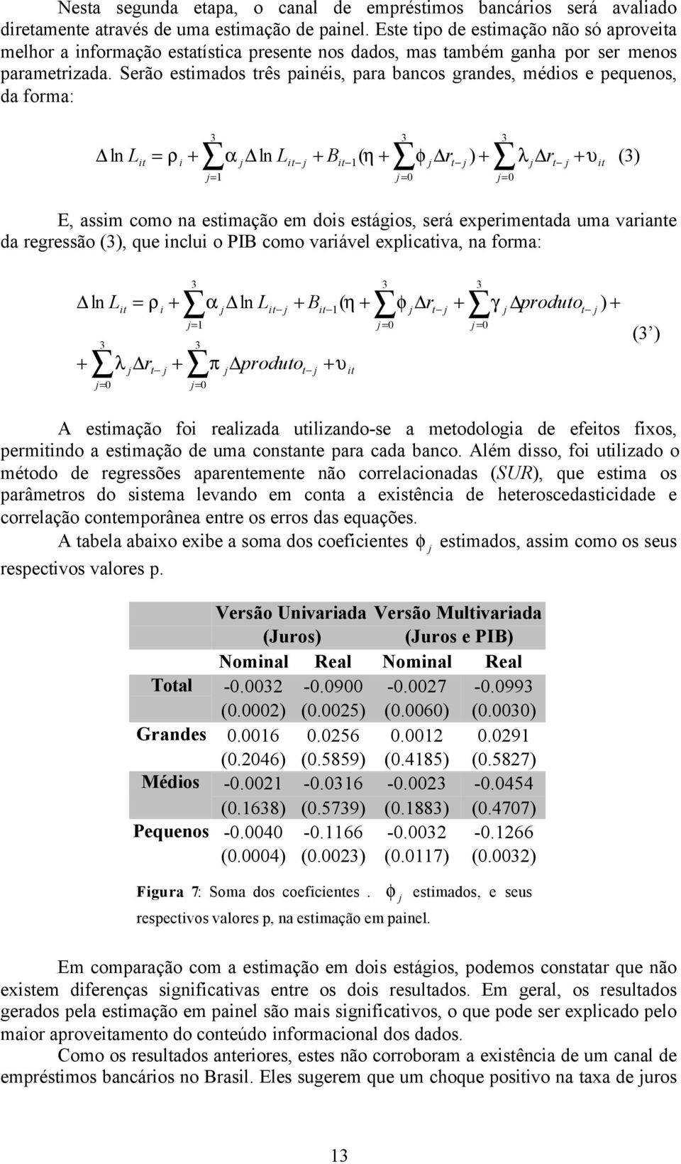 Serão estimados três painéis, para bancos grandes, médios e pequenos, da forma: it i α ln Lit + Bit 1 ( η + φ rt ) = 1 = ln L = ρ + + λ r + υ () = t it E, assim como na estimação em dois estágios,