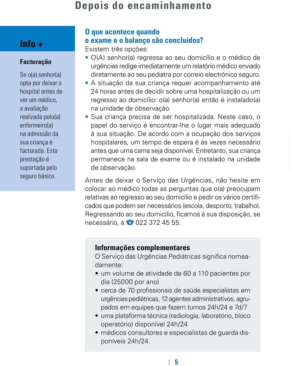 Existem três opções: O(A) senhor(a) regressa ao seu domicílio e o médico de urgências redige imediatamente um relatório médico enviado diretamente ao seu pediatra por correio electrónico seguro.