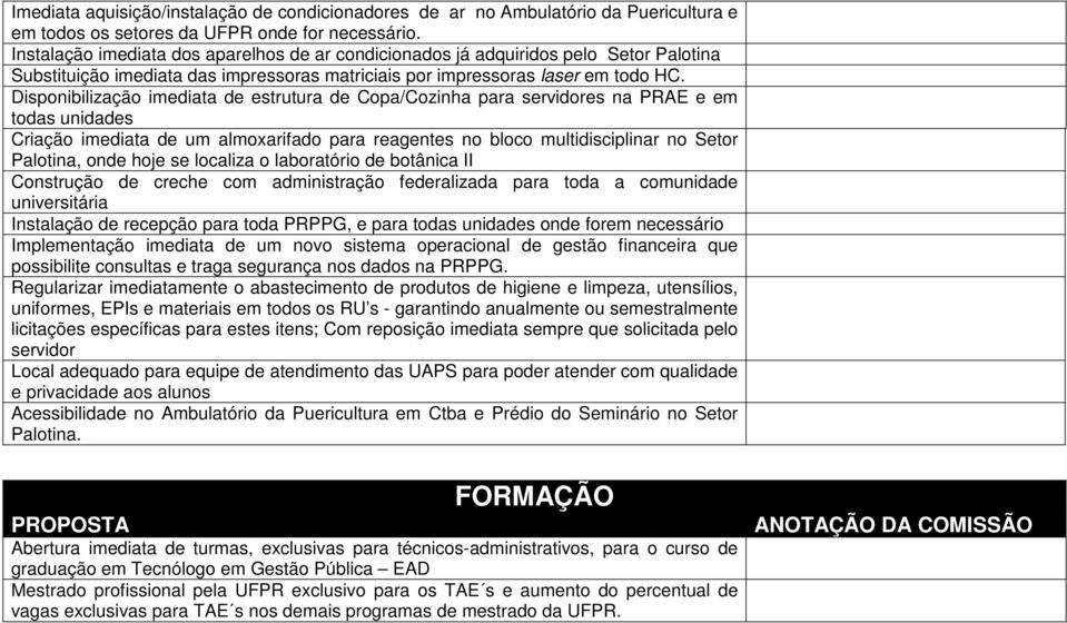 Disponibilização imediata de estrutura de Copa/Cozinha para servidores na PRAE e em todas unidades Criação imediata de um almoxarifado para reagentes no bloco multidisciplinar no Setor Palotina, onde