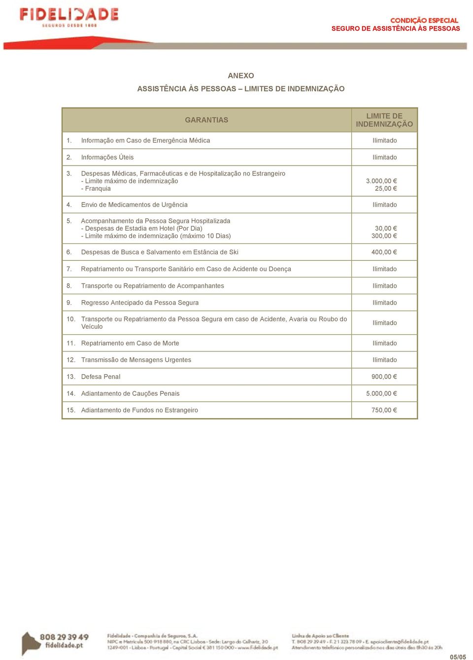 Acompanhamento da Pessoa Segura Hospitalizada - Despesas de Estadia em Hotel (Por Dia) - Limite máximo de indemnização (máximo 10 Dias) 30,00 300,00 6.