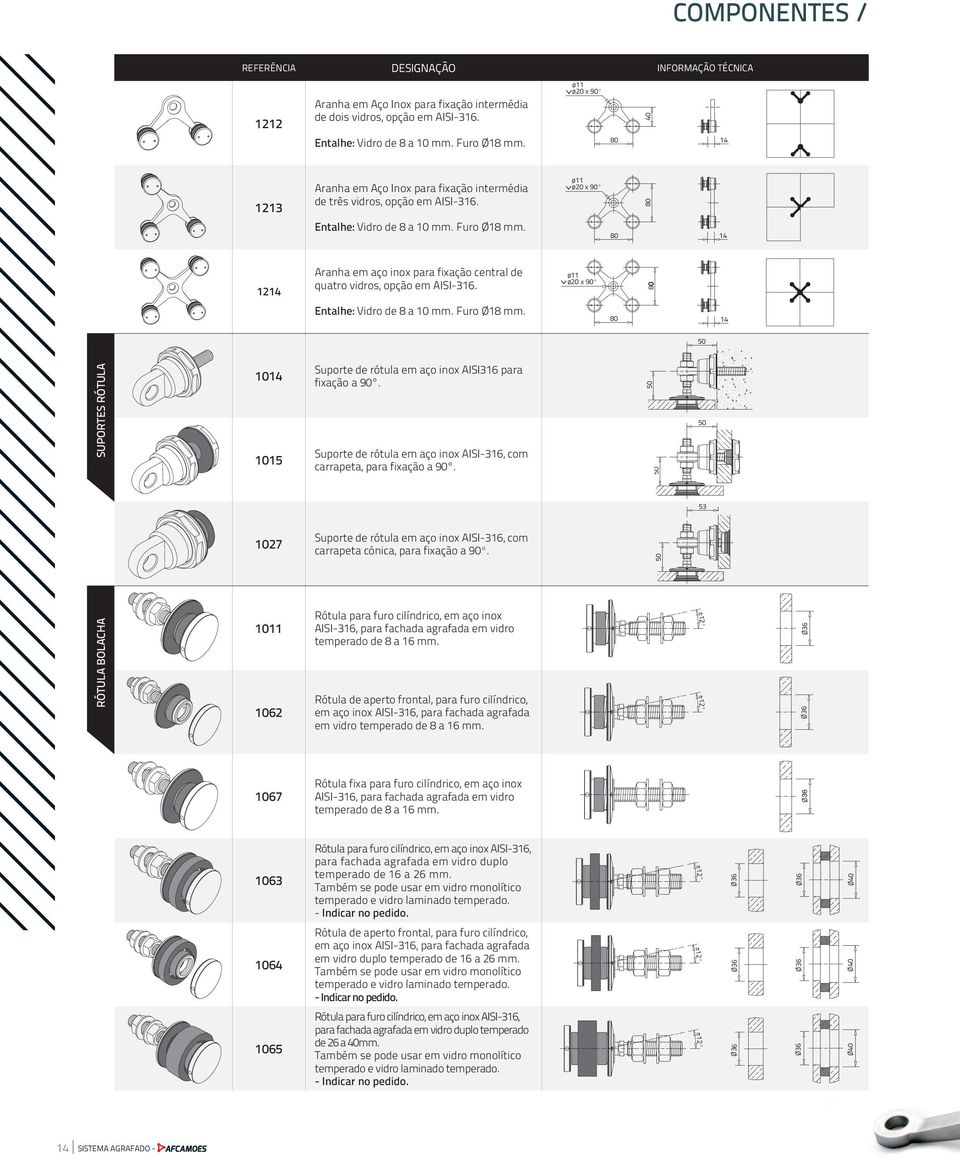 ø11 ø20 x 90º 80 80 14 1214 Aranha em aço inox para fixação central de quatro vidros, opção em AISI316. ø11 ø20 x 90º 80 Entalhe: Vidro de 8 a 10 mm. Furo Ø18 mm.