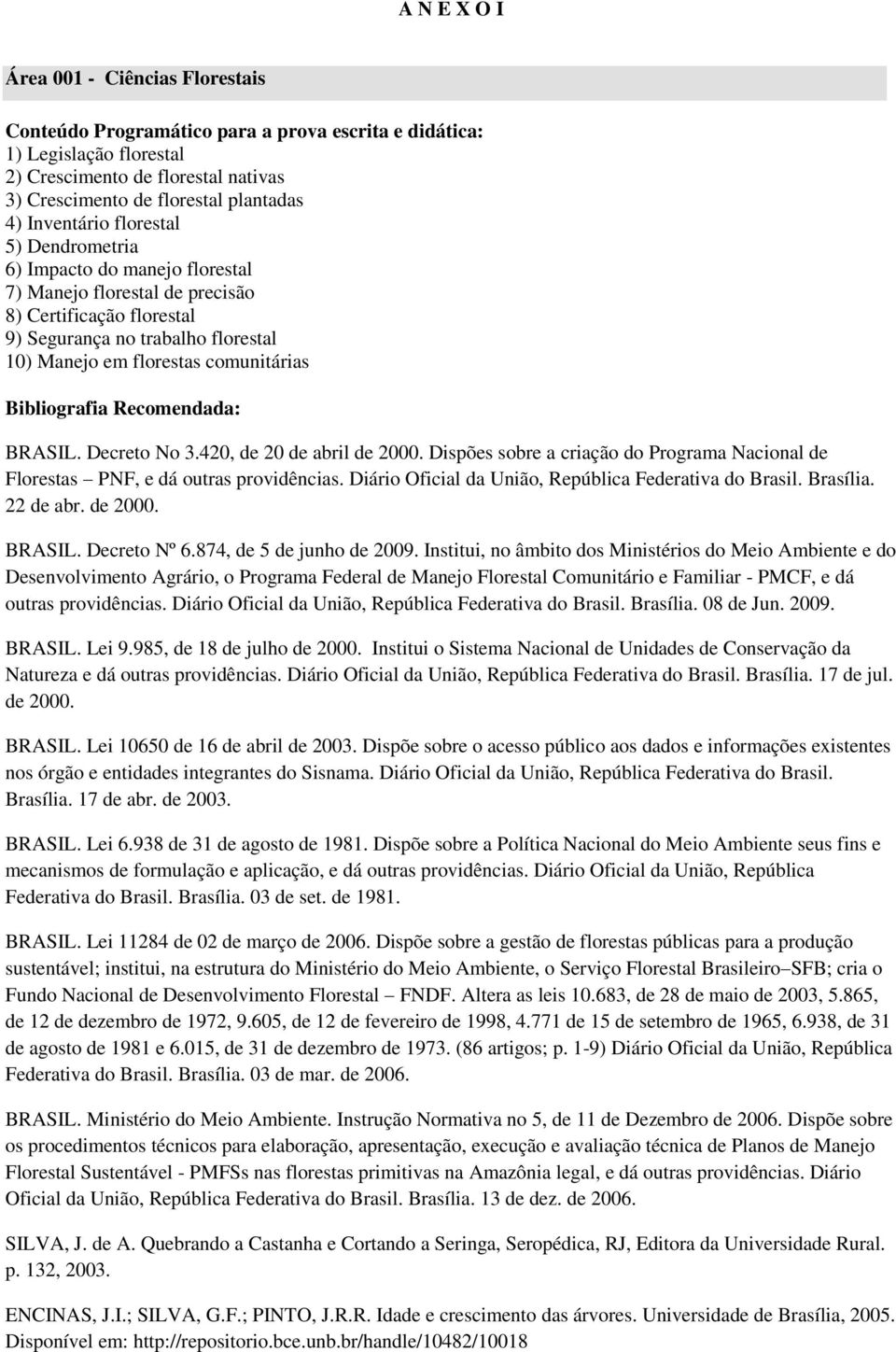 Bibliografia Recomendada: BRASIL. Decreto No 3.420, de 20 de abril de 2000. Dispões sobre a criação do Programa Nacional de Florestas PNF, e dá outras providências.