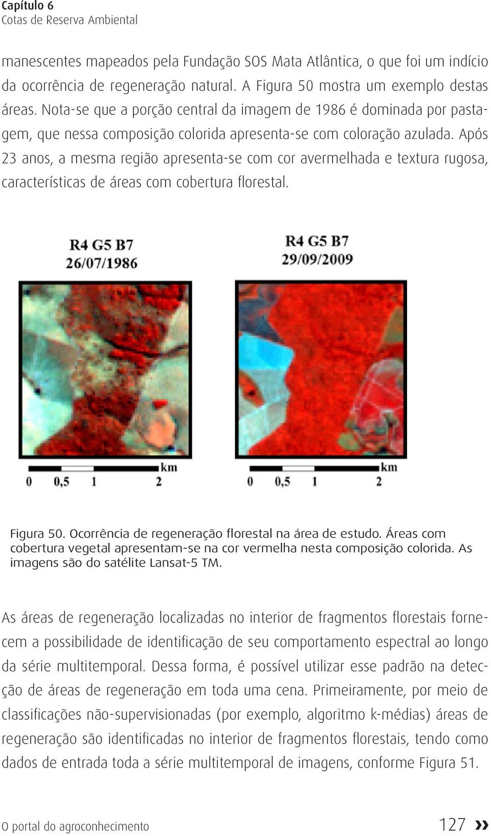 Após 23 anos, a mesma região apresenta-se com cor avermelhada e textura rugosa, características de áreas com cobertura florestal. Figura 50. Ocorrência de regeneração florestal na área de estudo.