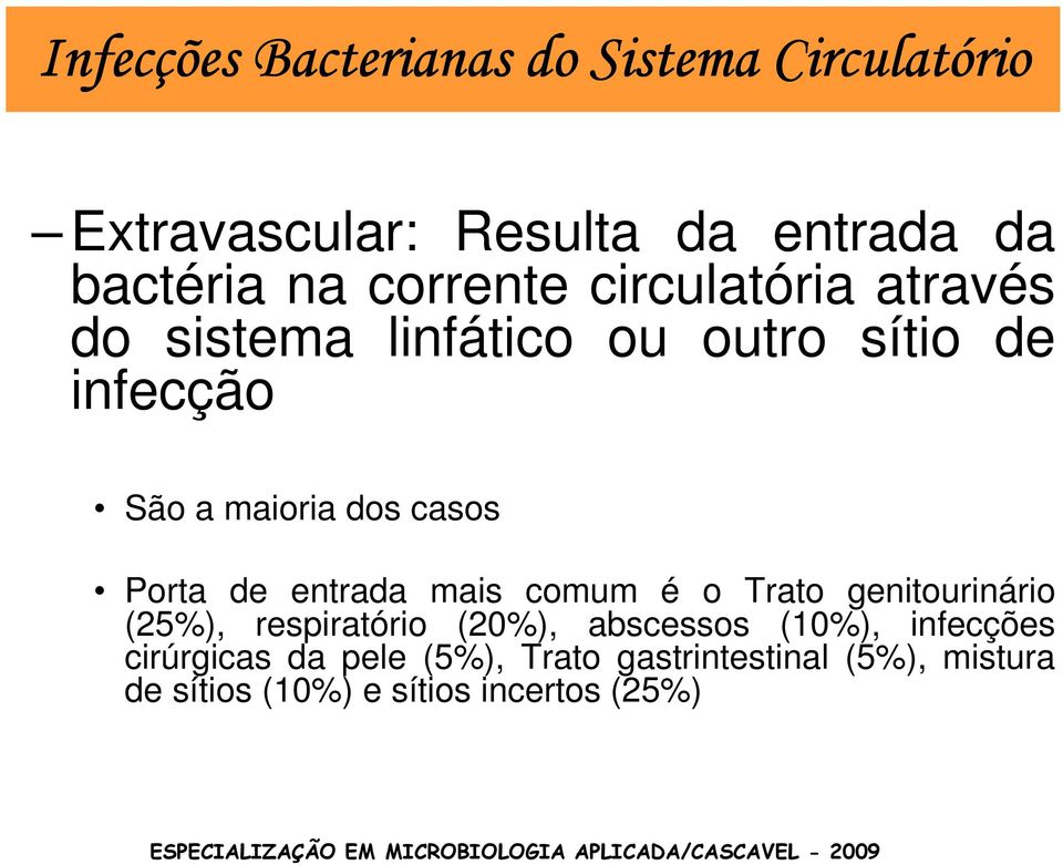 Porta de entrada mais comum é o Trato genitourinário (25%), respiratório (20%), abscessos (10%),