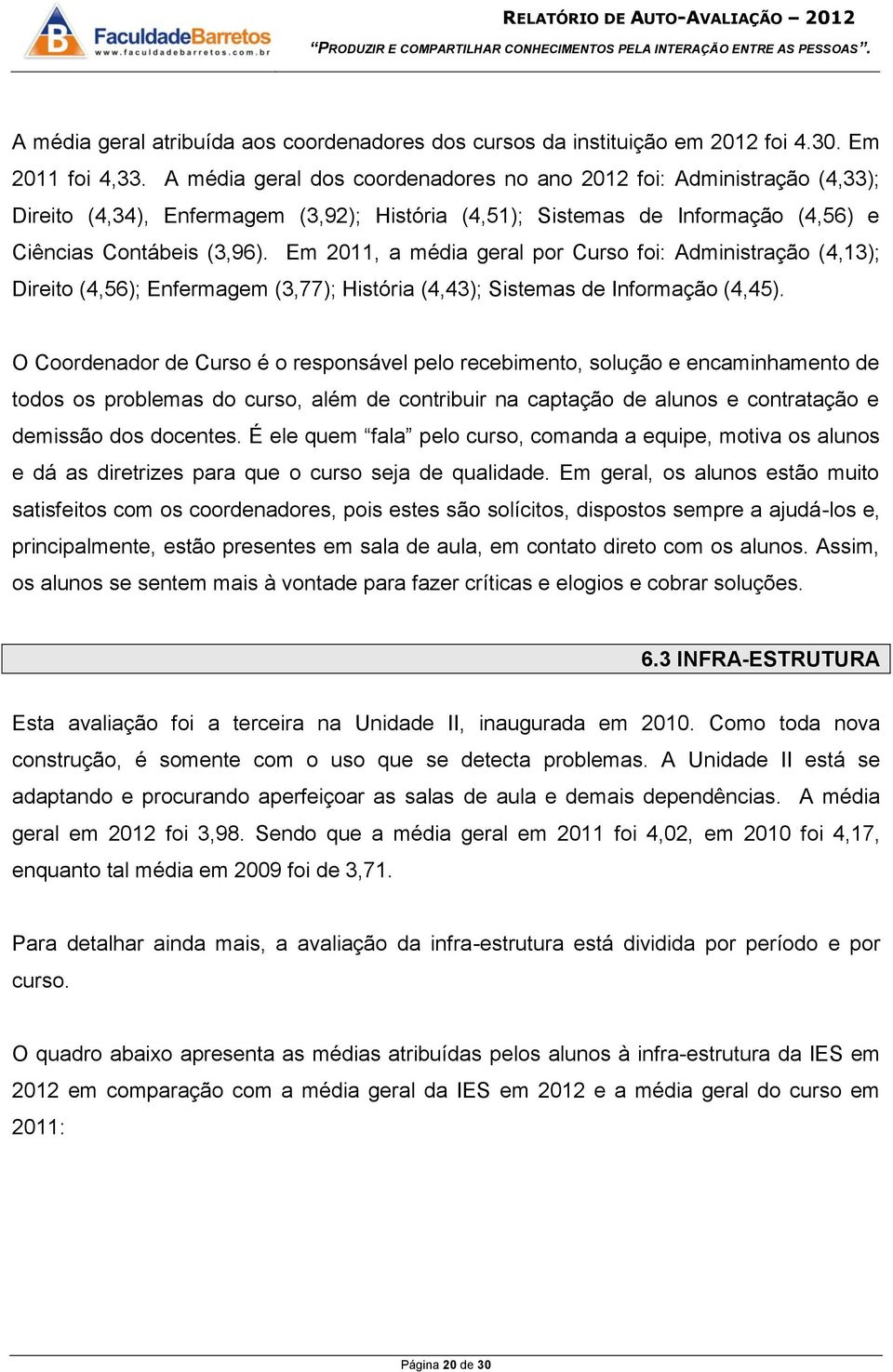 Em, a média geral por Curso foi: Administração (4,13); Direito (4,56); Enfermagem (3,77); História (4,43); Sistemas de Informação (4,45).