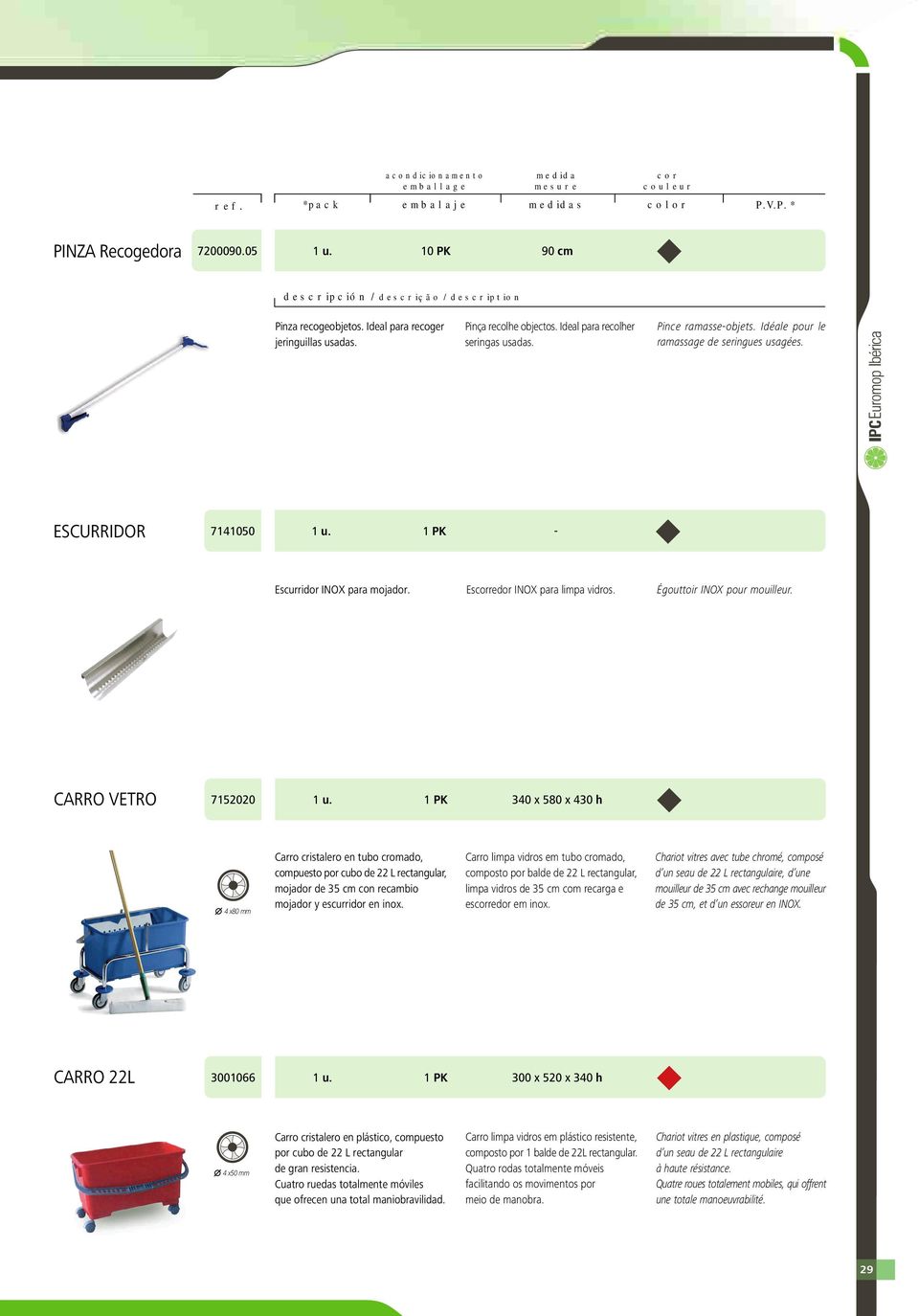 CARRO VETRO 7152020 1 u. 1 PK 340 x 580 x 430 h 4 x80 mm Carro cristalero en tubo cromado, compuesto por cubo de 22 L rectangular, mojador de 35 cm con recambio mojador y escurridor en inox.