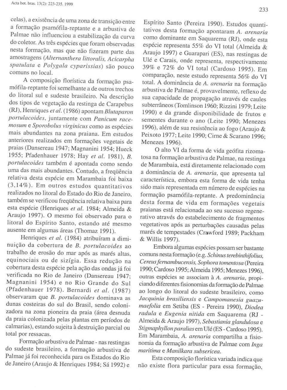 composição florística da formação psamófilareptante foi semelhante a de outros trechos do litoral sul e sudeste brasileiro.