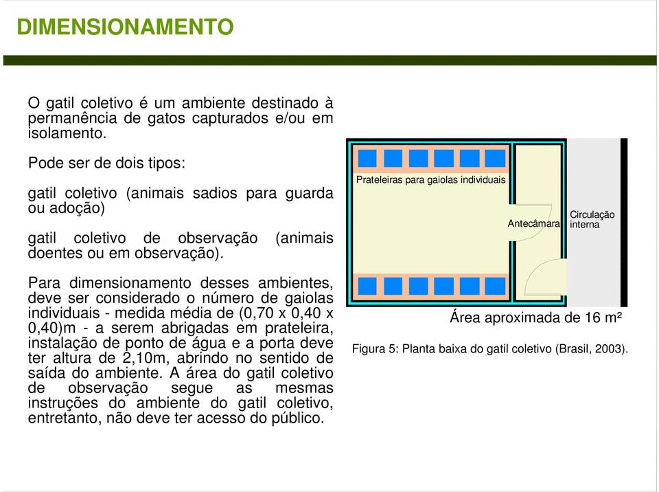 Prateleiras para gaiolas individuais Antecâmara Circulação interna Para dimensionamento desses ambientes, deve ser considerado o número de gaiolas individuais - medida média de (0,70 x 0,40 x 0,40)m