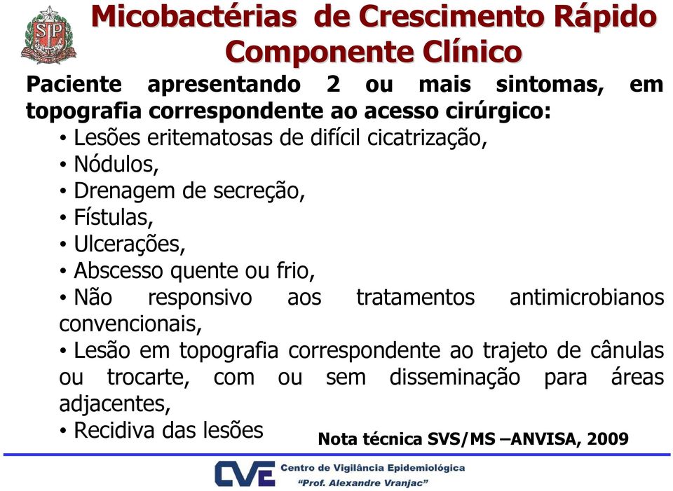 Ulcerações, Abscesso quente ou frio, Não responsivo aos tratamentos antimicrobianos convencionais, Lesão em topografia