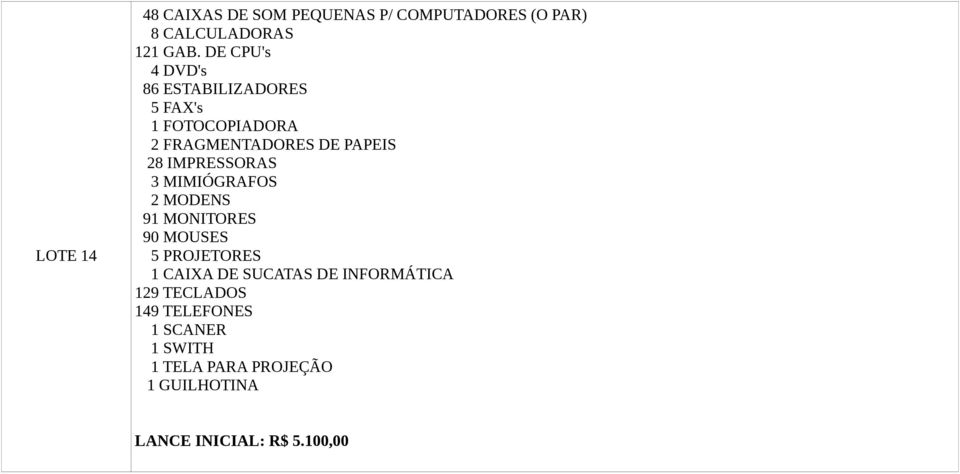 IMPRESSORAS 3 MIMIÓGRAFOS 2 MODENS 91 MONITORES 90 MOUSES 5 PROJETORES 1 CAIXA DE SUCATAS DE