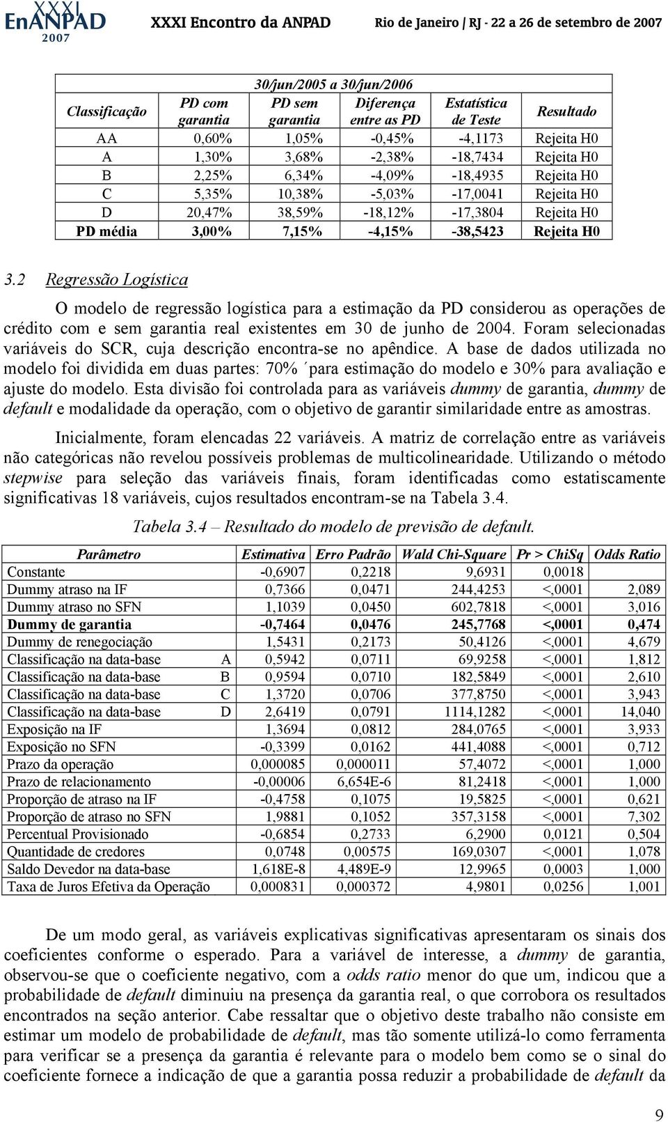 2 Regressão Logística O modelo de regressão logística para a estimação da PD considerou as operações de crédito com e sem garantia real existentes em 30 de unho de 2004.