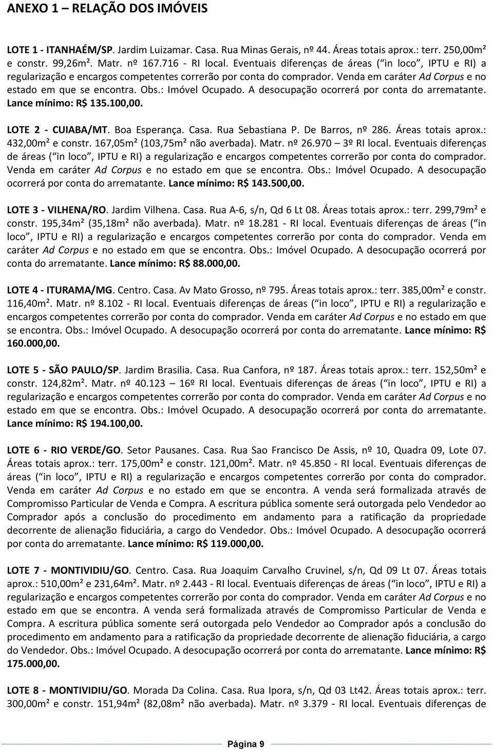 : Imóvel Ocupado. A desocupação ocorrerá por conta do arrematante. Lance mínimo: R$ 135.100,00. LOTE 2 - CUIABA/MT. Boa Esperança. Casa. Rua Sebastiana P. De Barros, nº 286. Áreas totais aprox.