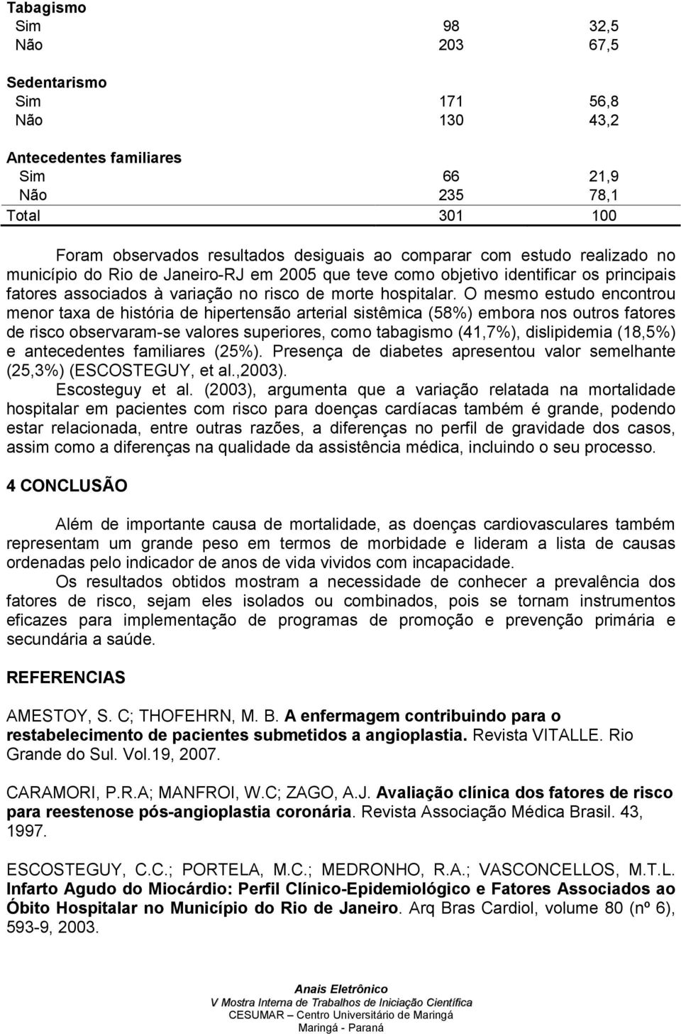 O mesmo estudo encontrou menor taxa de história de hipertensão arterial sistêmica (58%) embora nos outros fatores de risco observaram-se valores superiores, como tabagismo (41,7%), dislipidemia