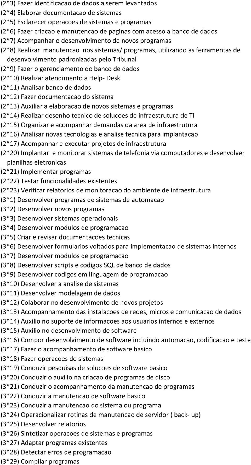 Fazer o gerenciamento do banco de dados (2*10) Realizar atendimento a Help- Desk (2*11) Analisar banco de dados (2*12) Fazer documentacao do sistema (2*13) Auxiliar a elaboracao de novos sistemas e