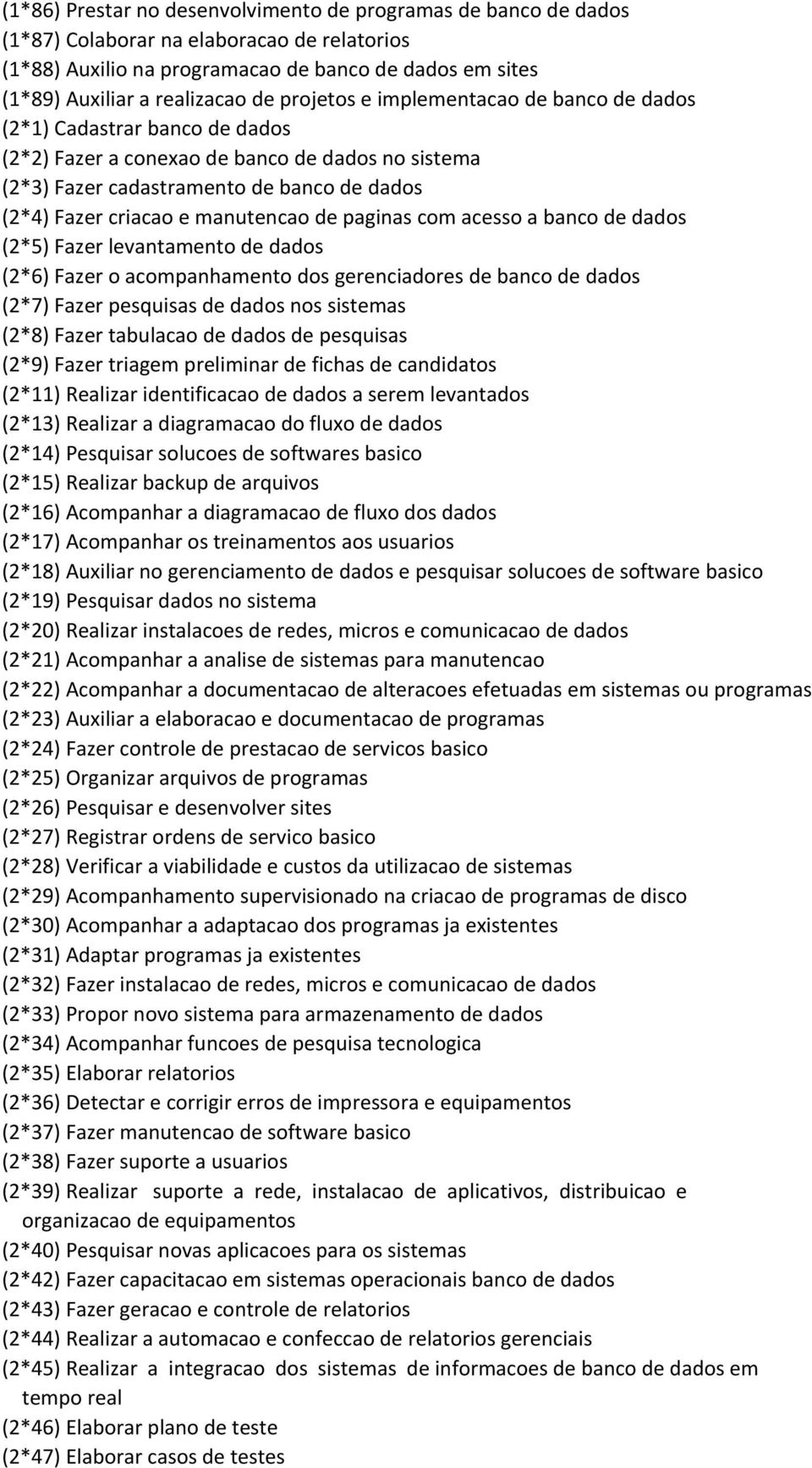 manutencao de paginas com acesso a banco de dados (2*5) Fazer levantamento de dados (2*6) Fazer o acompanhamento dos gerenciadores de banco de dados (2*7) Fazer pesquisas de dados nos sistemas (2*8)