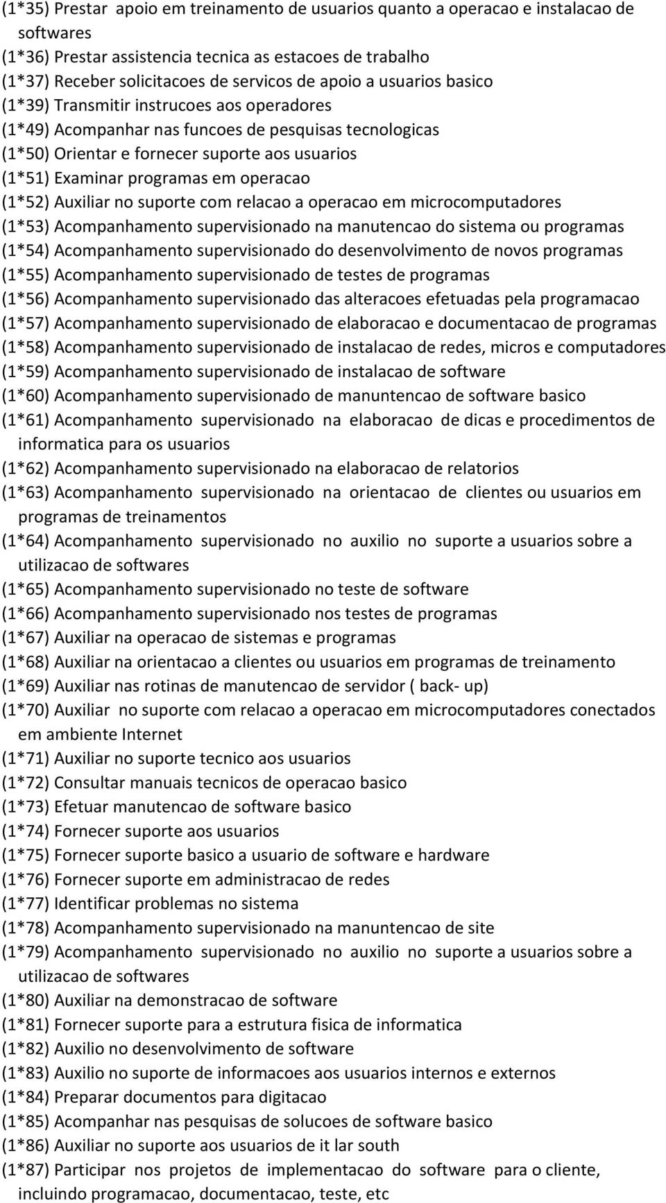 operacao (1*52) Auxiliar no suporte com relacao a operacao em microcomputadores (1*53) Acompanhamento supervisionado na manutencao do sistema ou programas (1*54) Acompanhamento supervisionado do