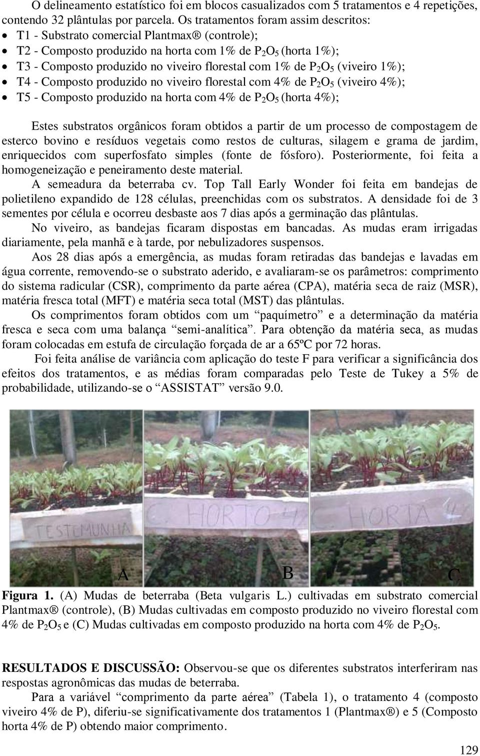 de P 2 O 5 (viveiro 1%); T4 - Composto produzido no viveiro florestal com 4% de P 2 O 5 (viveiro 4%); T5 - Composto produzido na horta com 4% de P 2 O 5 (horta 4%); Estes substratos orgânicos foram