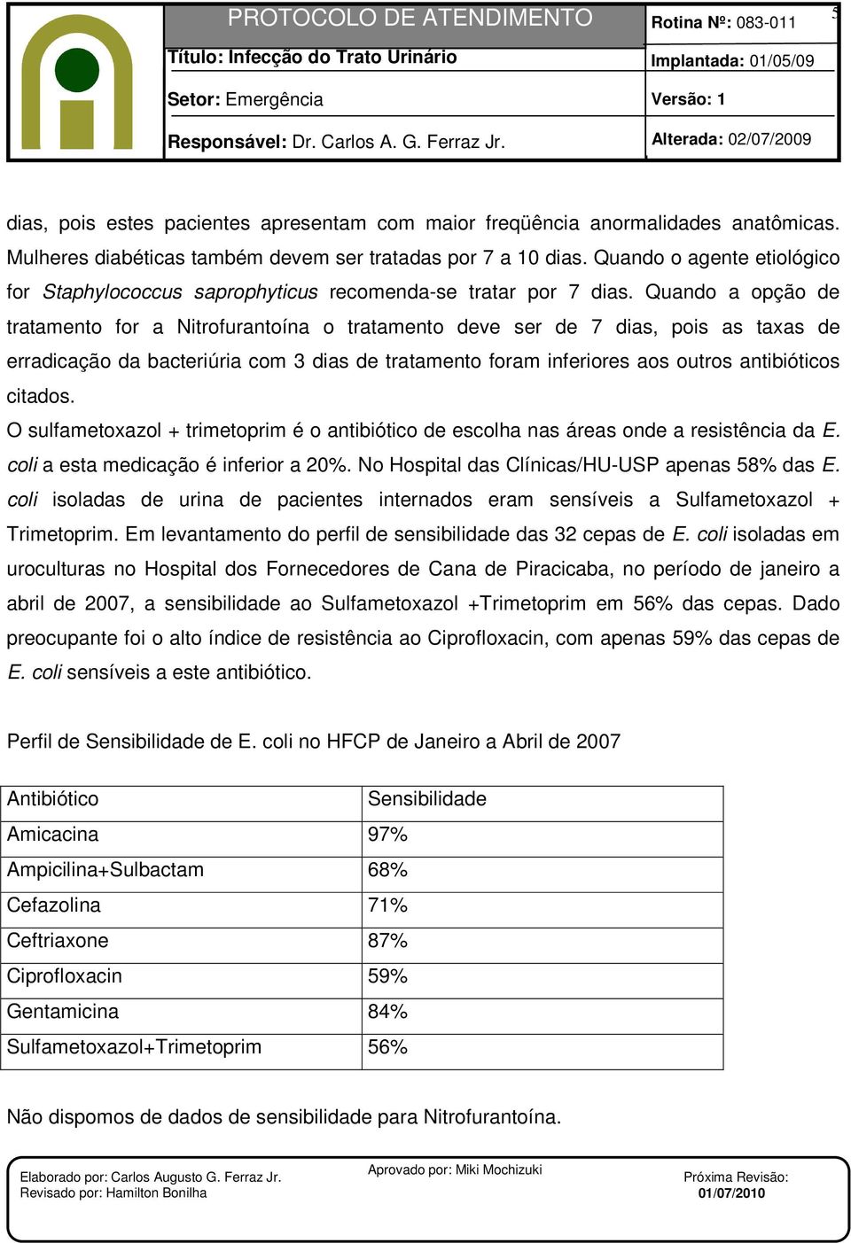 Quando a opção de tratamento for a Nitrofurantoína o tratamento deve ser de 7 dias, pois as taxas de erradicação da bacteriúria com 3 dias de tratamento foram inferiores aos outros antibióticos