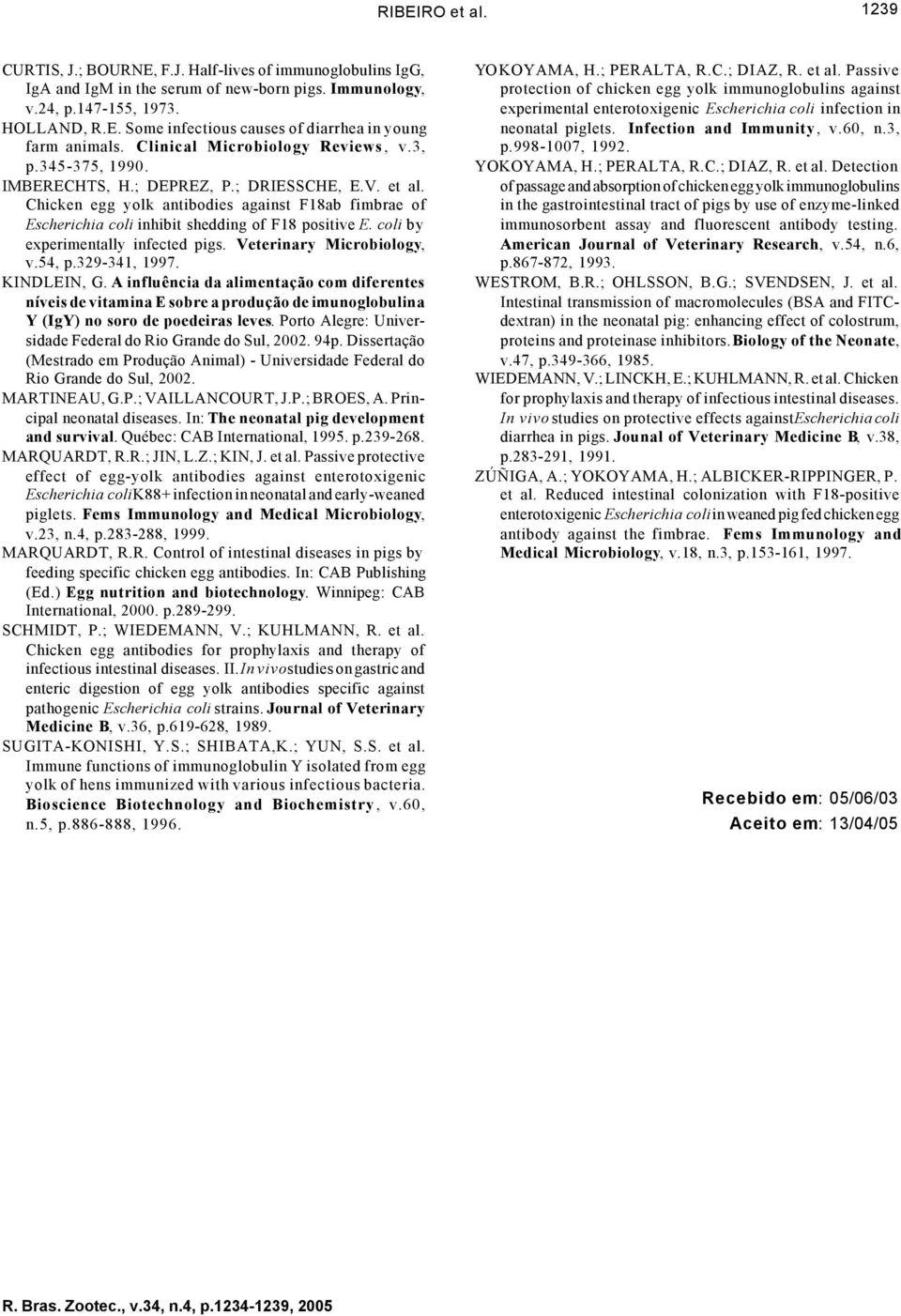 Chicken egg yolk antibodies against F18ab fimbrae of Escherichia coli inhibit shedding of F18 positive E. coli by experimentally infected pigs. Veterinary Microbiology, v.54, p.329-341, 1997.