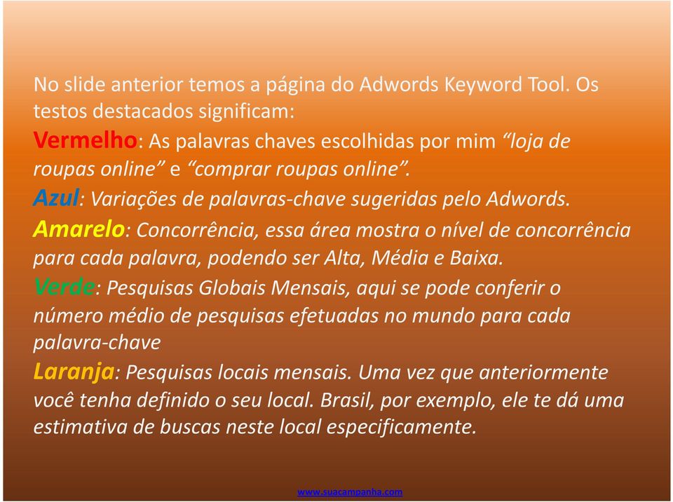 Azul: Variações de palavras-chave sugeridas pelo Adwords.