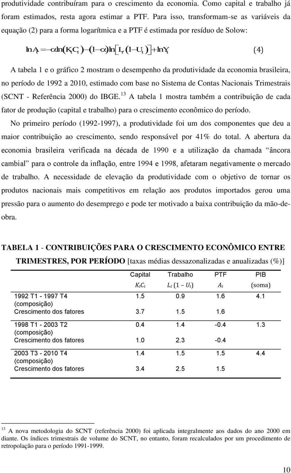 desempenho da produtividade da economia brasileira, no período de 1992 a 2010, estimado com base no Sistema de Contas Nacionais Trimestrais (SCNT - Referência 2000) do IBGE.