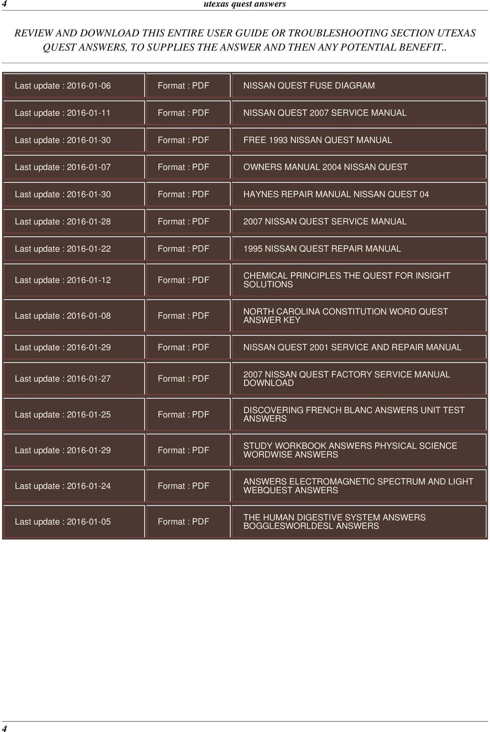 MANUAL 2004 NISSAN QUEST Last update : 2016-01-30 HAYNES REPAIR MANUAL NISSAN QUEST 04 Last update : 2016-01-28 2007 NISSAN QUEST SERVICE MANUAL Last update : 2016-01-22 1995 NISSAN QUEST REPAIR