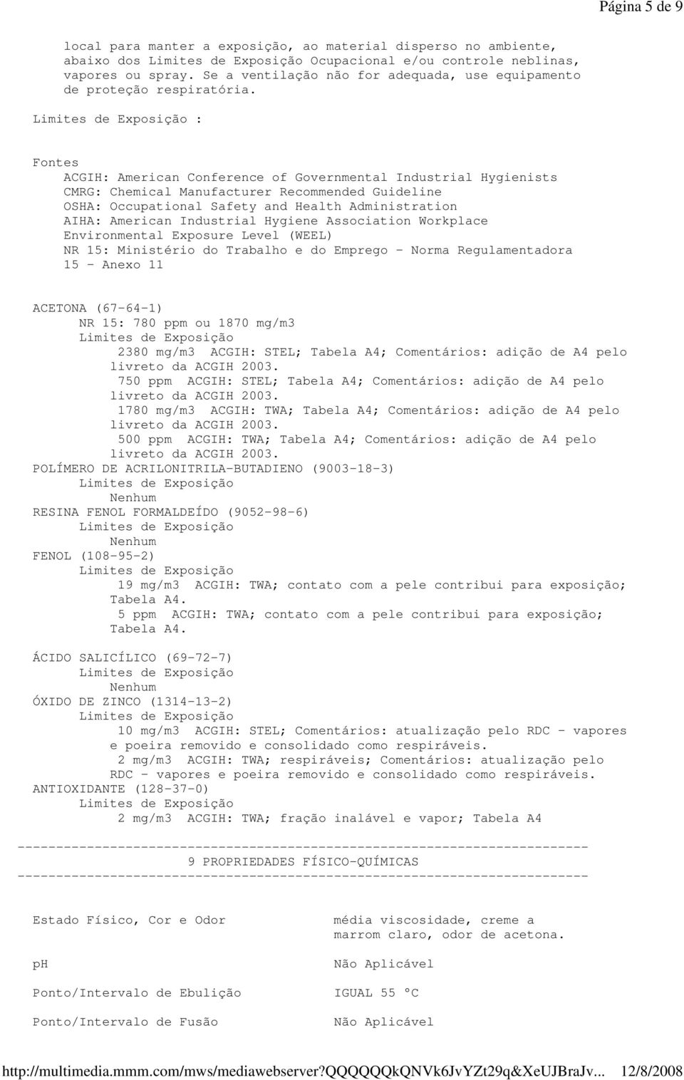 : Fontes ACGIH: American Conference of Governmental Industrial Hygienists CMRG: Chemical Manufacturer Recommended Guideline OSHA: Occupational Safety and Health Administration AIHA: American