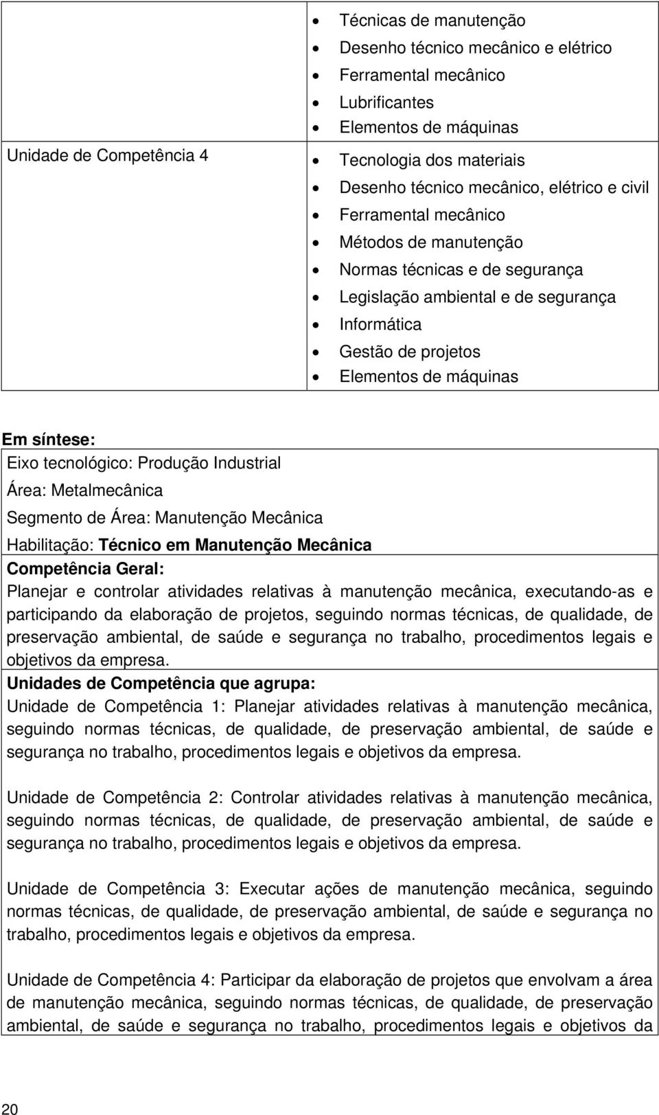 tecnológico: Produção Industrial Área: Metalmecânica Segmento de Área: Manutenção Mecânica Habilitação: Técnico em Manutenção Mecânica Competência Geral: Planejar e controlar atividades relativas à