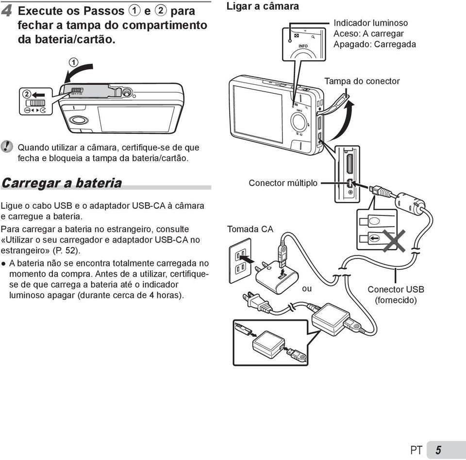 bateria/cartão. Carregar a bateria Conector múltiplo Ligue o cabo USB e o adaptador USB-CA à câmara e carregue a bateria.