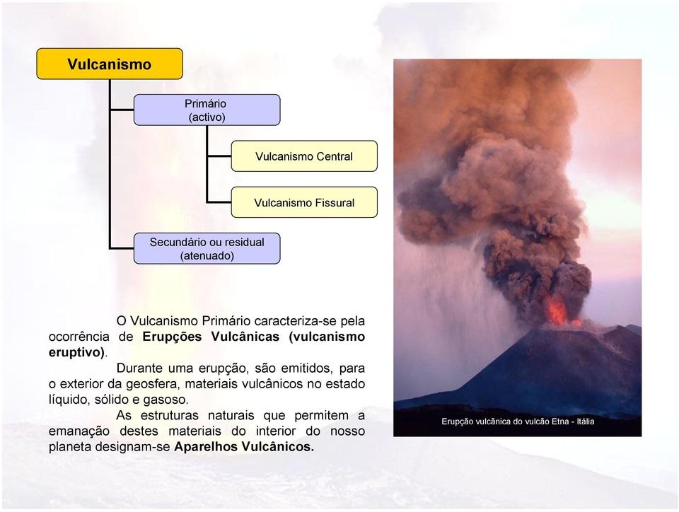 Durante uma erupção, são emitidos, para o exterior da geosfera, materiais vulcânicos no estado líquido, sólido e gasoso.