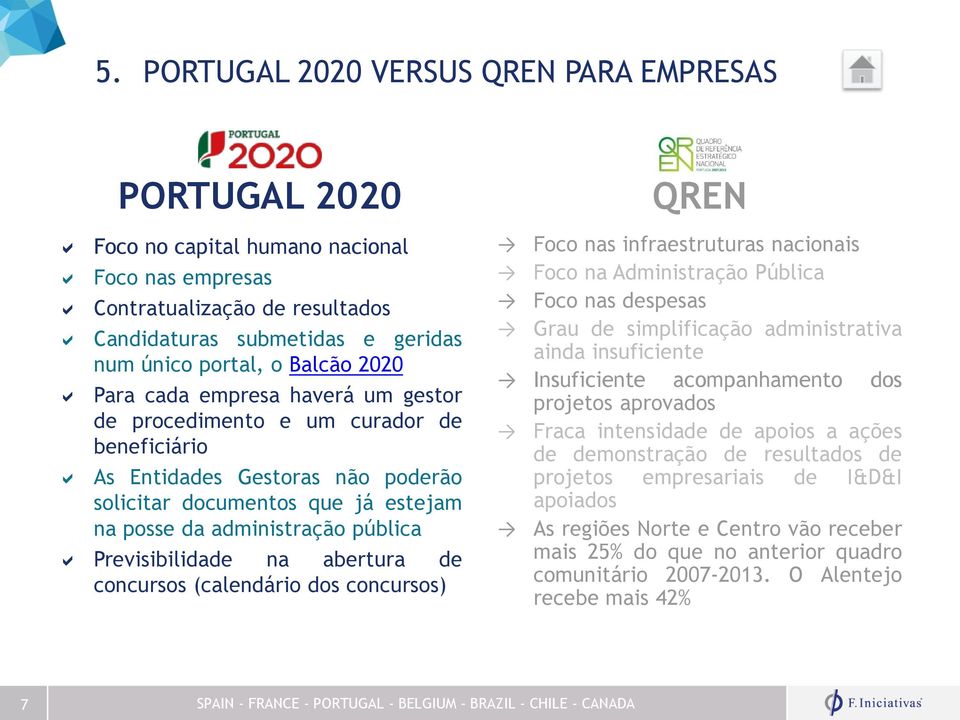 Previsibilidade na abertura de concursos (calendário dos concursos) QREN Foco nas infraestruturas nacionais Foco na Administração Pública Foco nas despesas Grau de simplificação administrativa ainda