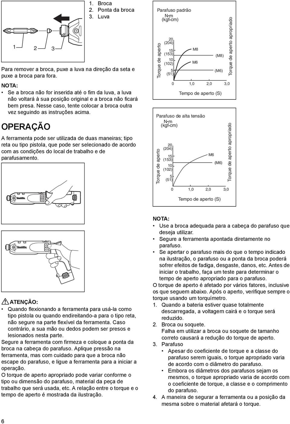 OPERAÇÃO A ferramenta pode ser utilizada de duas maneiras; tipo reta ou tipo pistola, que pode ser selecionado de acordo com as condições do local de trabalho e de parafusamento.