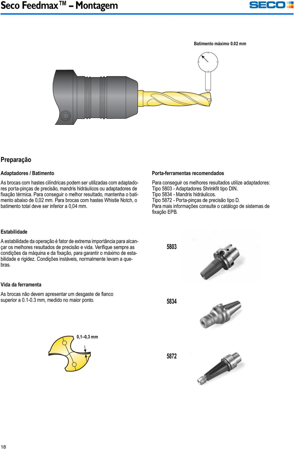 Para conseguir o melhor resultado, mantenha o batimento abaixo de 0,02 mm. Para brocas com hastes Whistle Notch, o batimento total deve ser inferior a 0,04 mm.