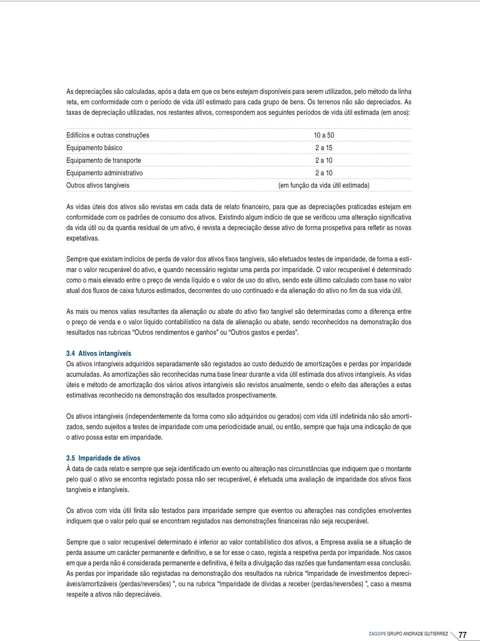 As taxas de depreciação utilizadas, nos restantes ativos, correspondem aos seguintes períodos de vida útil estimada (em anos): Edifícios e outras construções 10 a 50 Equipamento básico 2 a 15