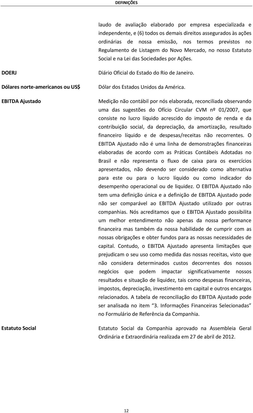 DOERJ Dólares norte americanos ou US$ EBITDA Ajustado Estatuto Social Diário Oficial do Estado do Rio de Janeiro. Dólar dos Estados Unidos da América.