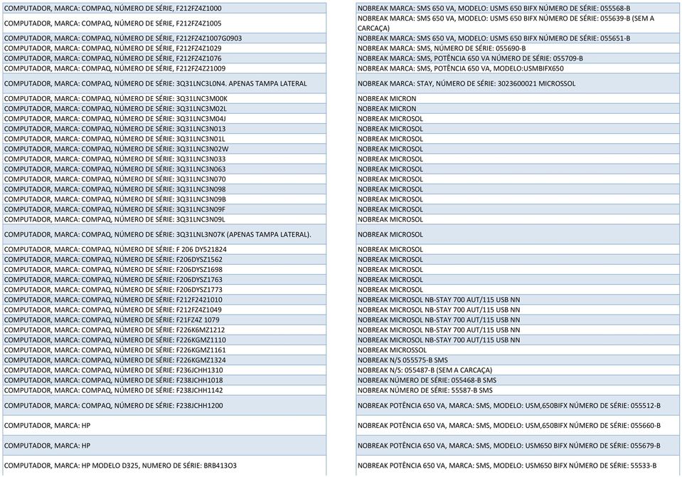 NÚMERO DE SÉRIE: 055651-B COMPUTADOR, MARCA: COMPAQ, NÚMERO DE SÉRIE, F212FZ4Z1029 NOBREAK MARCA: SMS, NÚMERO DE SÉRIE: 055690-B COMPUTADOR, MARCA: COMPAQ, NÚMERO DE SÉRIE, F212FZ4Z1076 NOBREAK