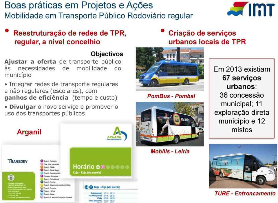 ganhos de eficiência (tempo e custo) Divulgar o novo serviço e promover o uso dos transportes públicos Arganil Criação de serviços urbanos locais de TPR